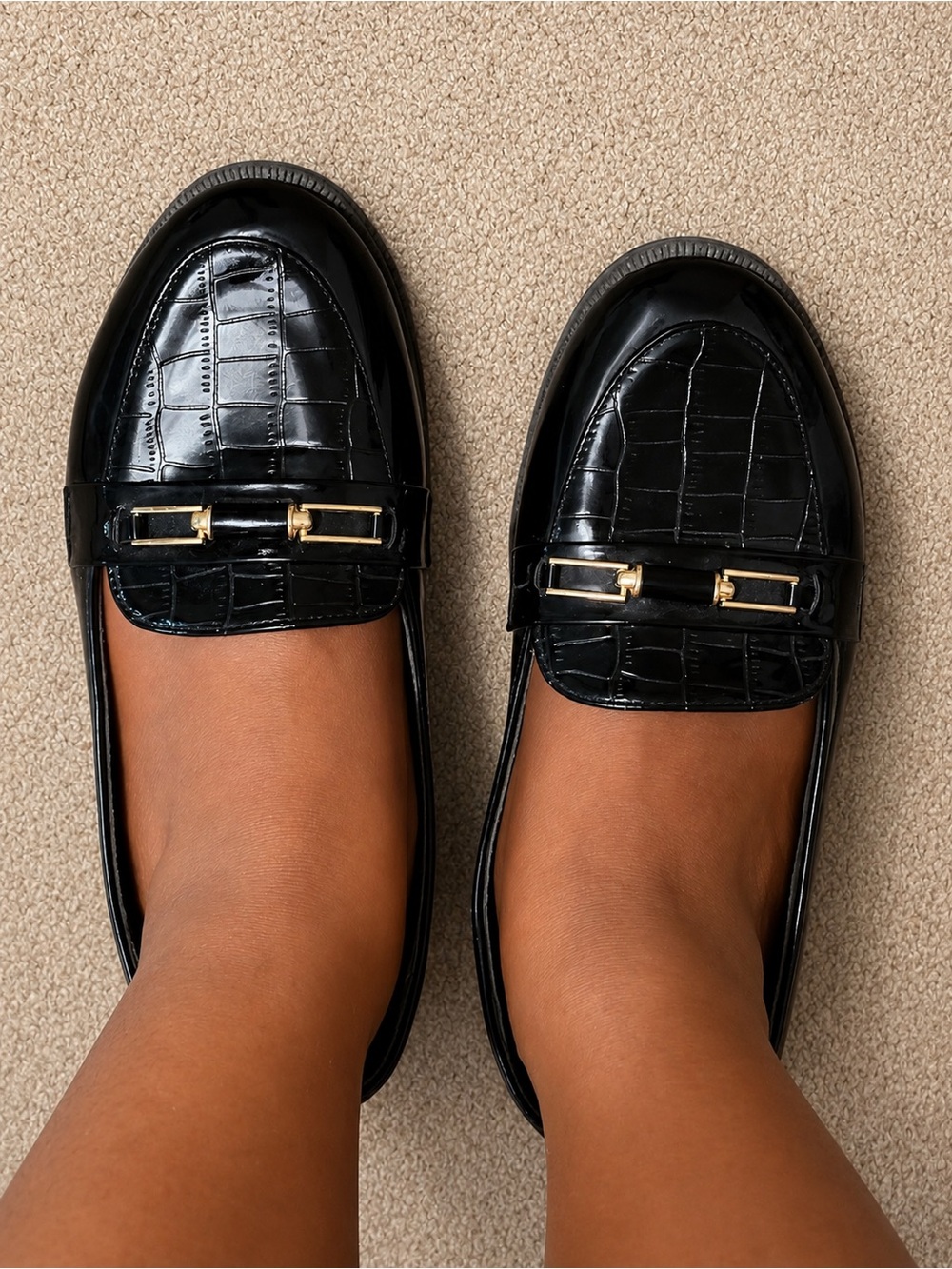 Black Croc-Embossed Penny Loafers with Gold Accent